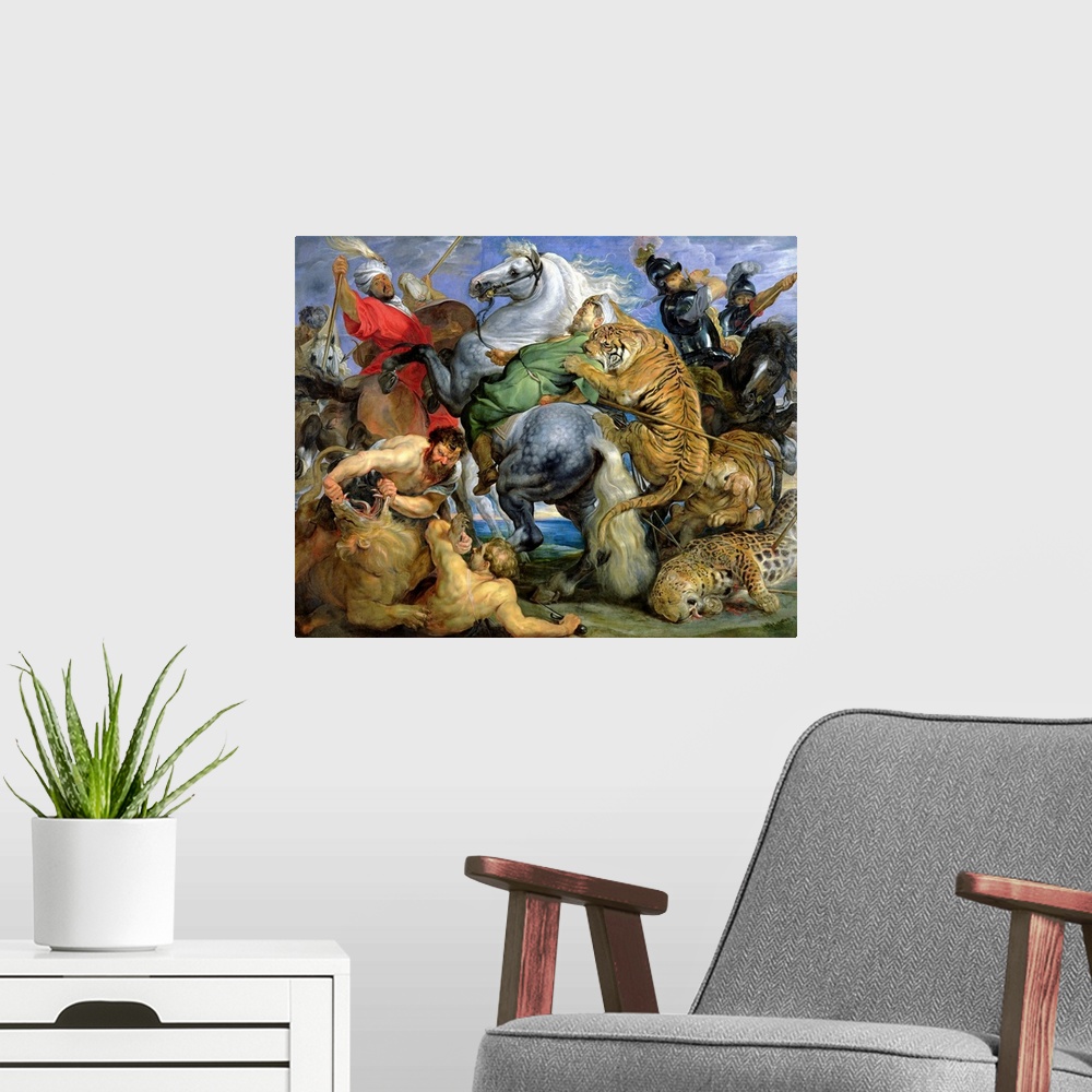 A modern room featuring Oil painting of horsemen and wildcats fighting.  One man is wrestling a lion on the ground while ...