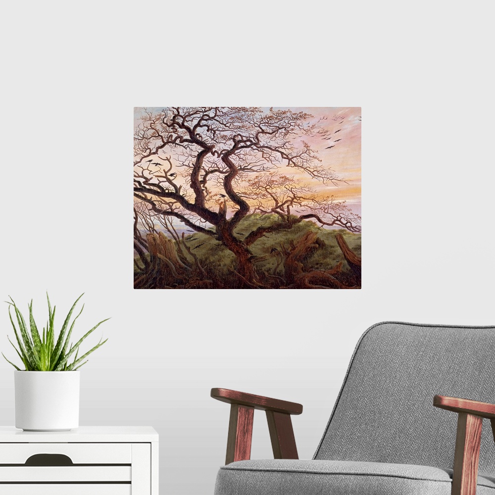 A modern room featuring Realistic oil on canvsa painting of a tree occupied by crows near the edge of a cliff. Tree stump...