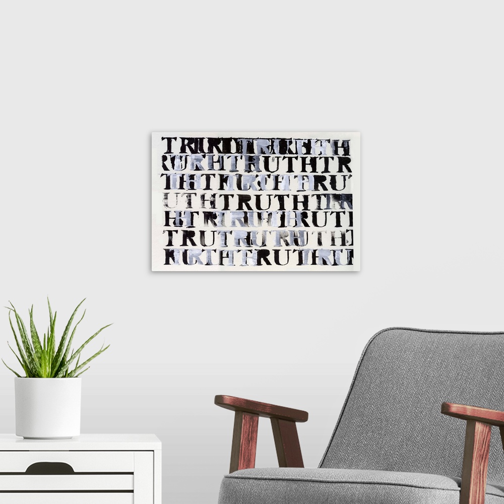 A modern room featuring The Truth in Black and White, 2015, acrylic with stencil on card.  By Nancy Moniz Charalmbous.