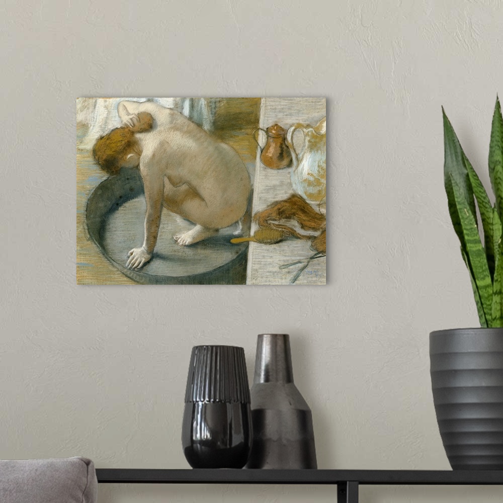 A modern room featuring Painting of woman bathing in a small tin pan.