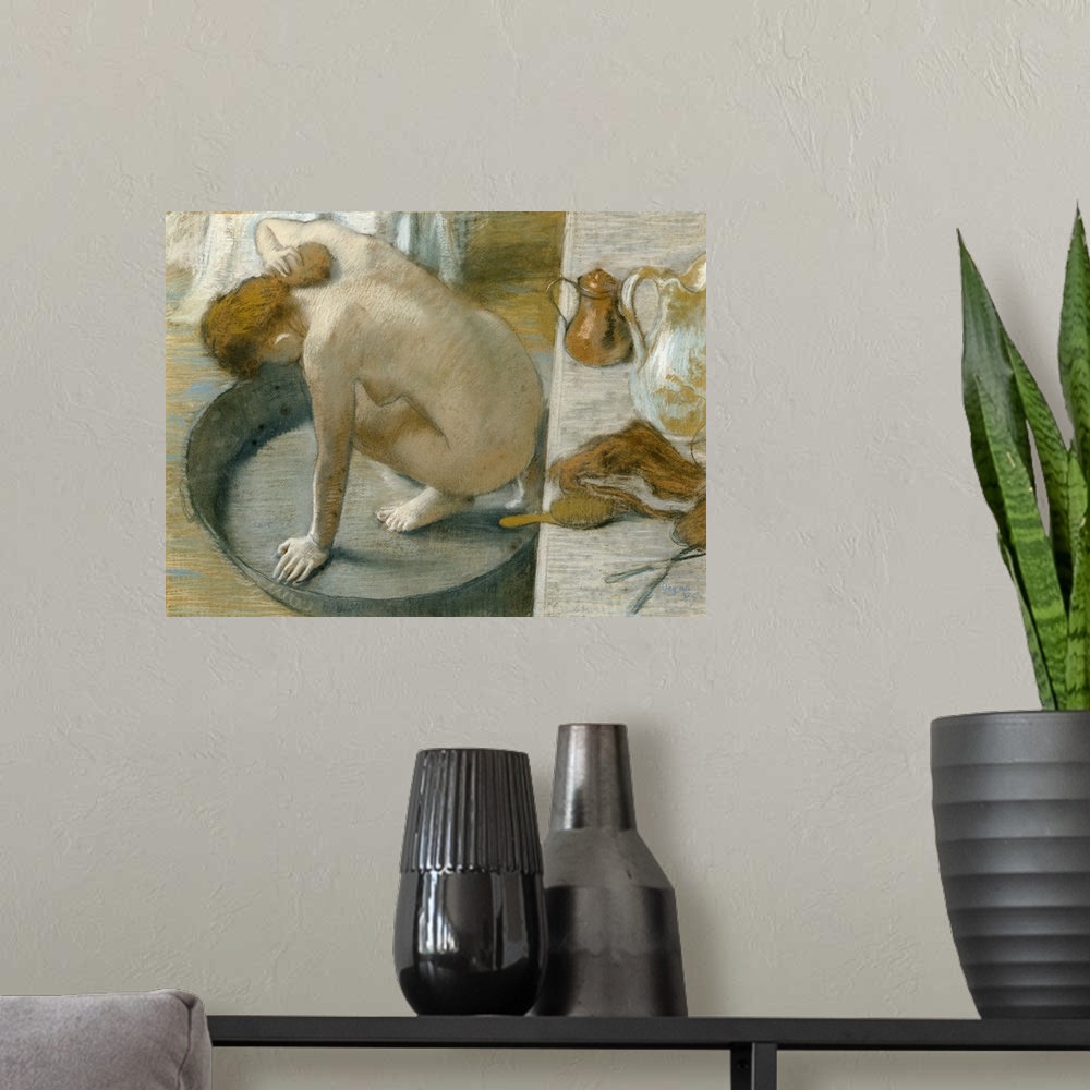 A modern room featuring Painting of woman bathing in a small tin pan.