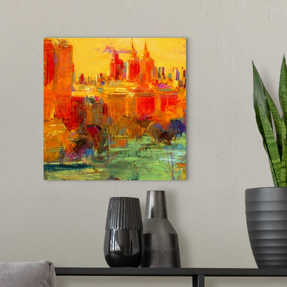 A modern room featuring An oil painting that uses bright colors to paint part of the NYC skyline. The bottom of the print...
