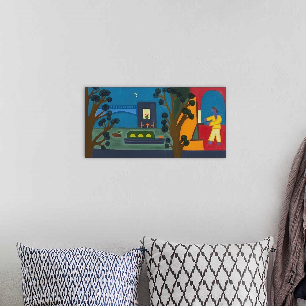 A bohemian room featuring Contemporary painting of an artist working in a loft with trees.