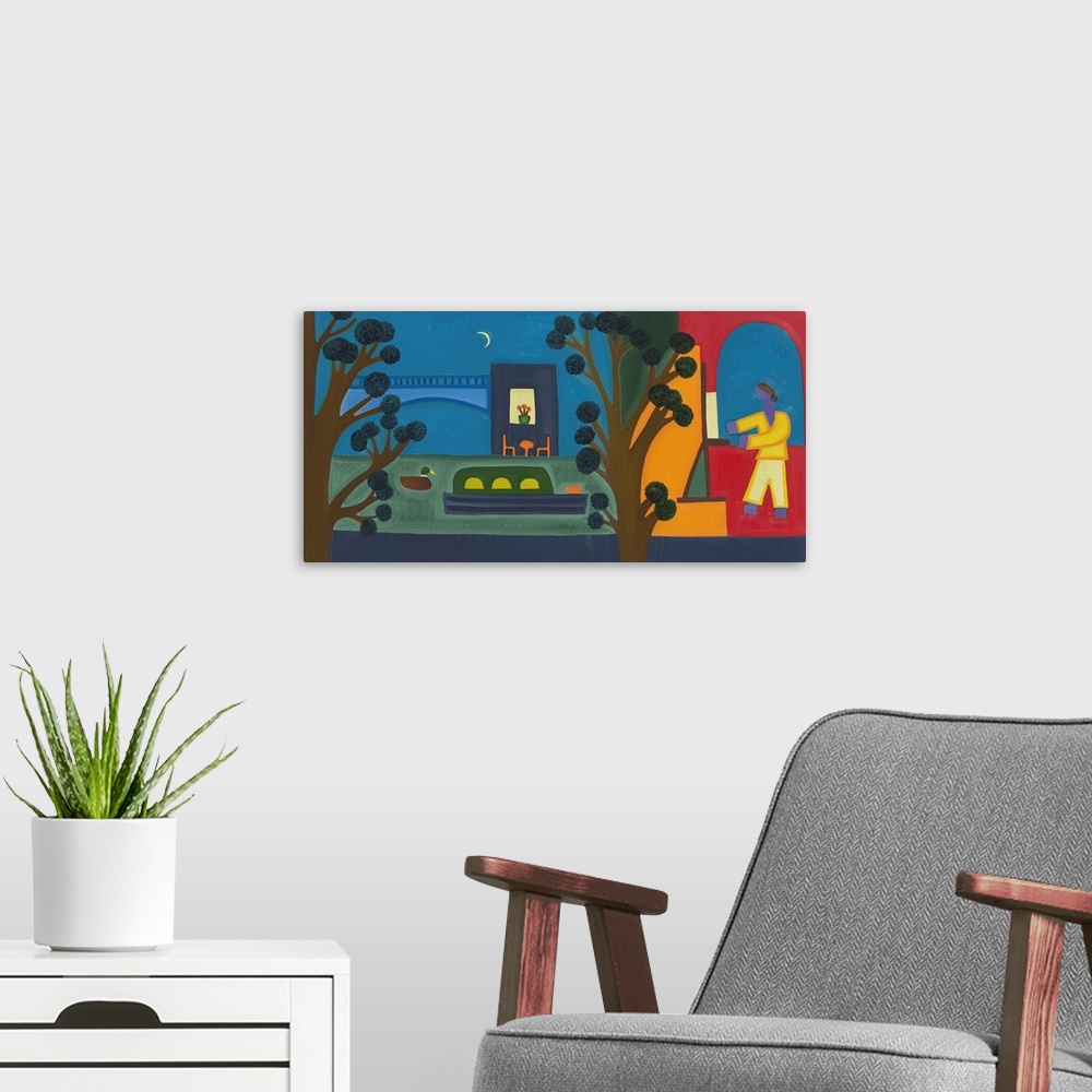 A modern room featuring Contemporary painting of an artist working in a loft with trees.