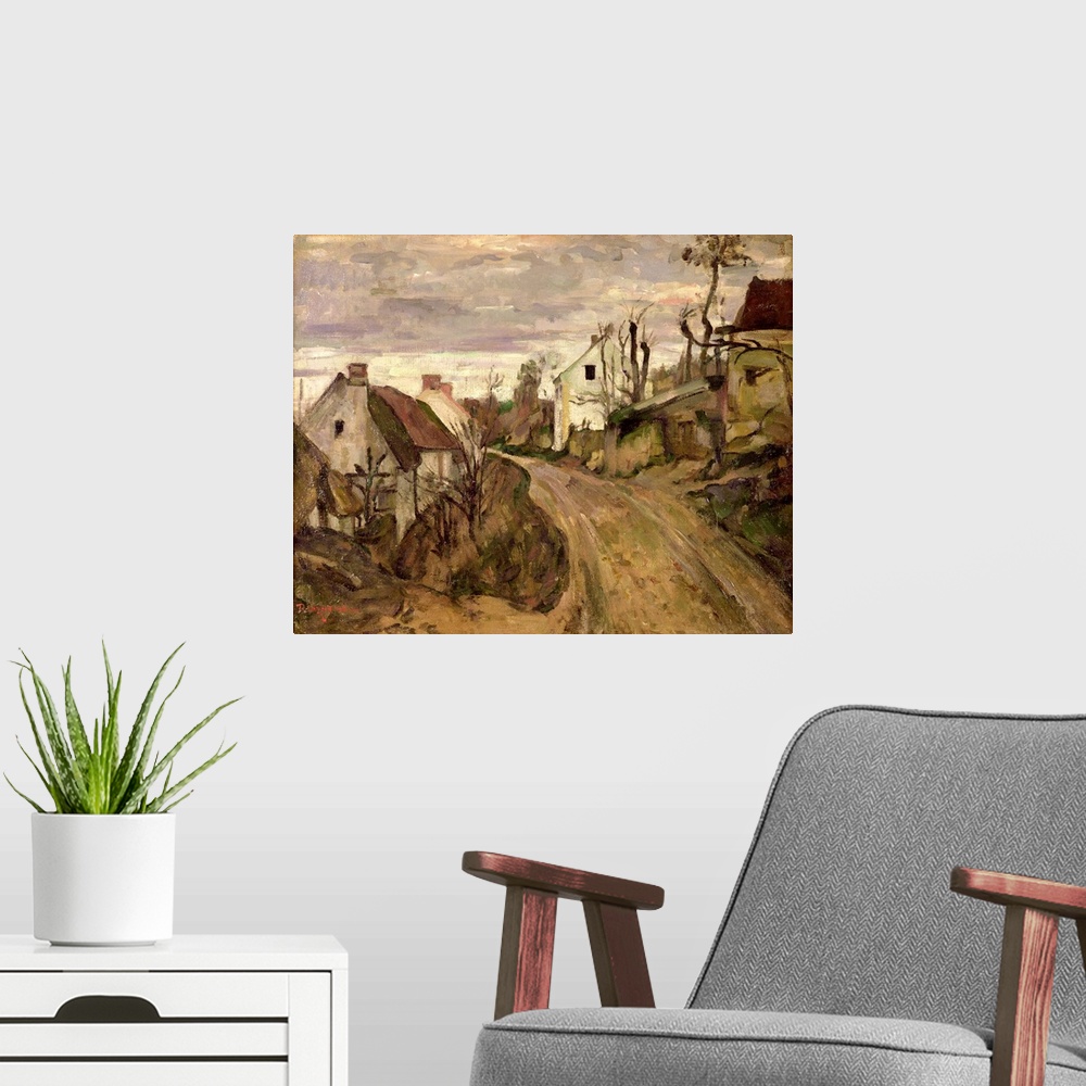 A modern room featuring Painting of a dirt road going through a small country town with houses on either side.