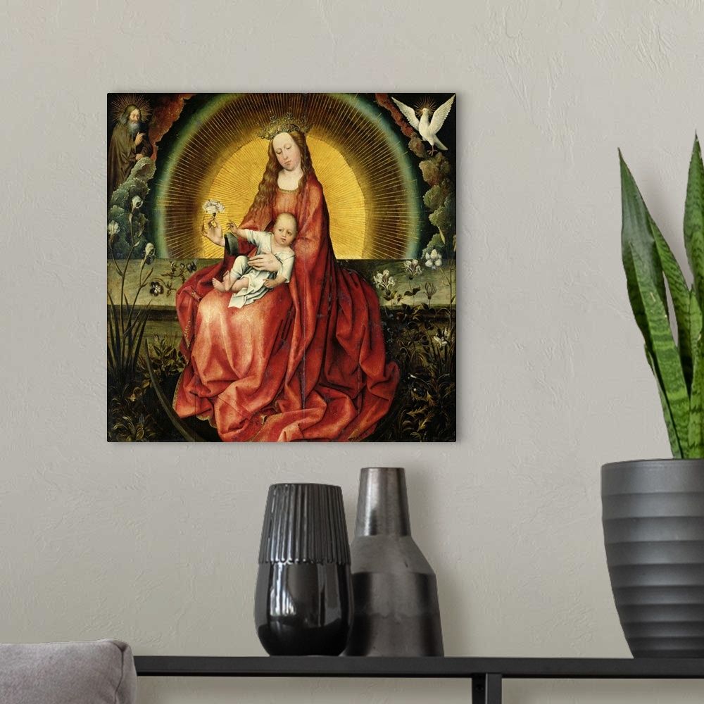 A modern room featuring XIR43200 The Virgin and Child (oil on panel)  by Master of Flemalle, (Robert Campin) (1375/8-1444...