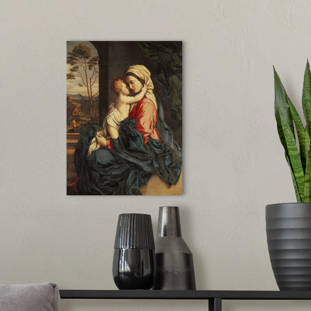 A modern room featuring XCF285122 The Virgin and Child Embracing (oil on canvas)  by Sassoferrato, Il (Giovanni Battista ...