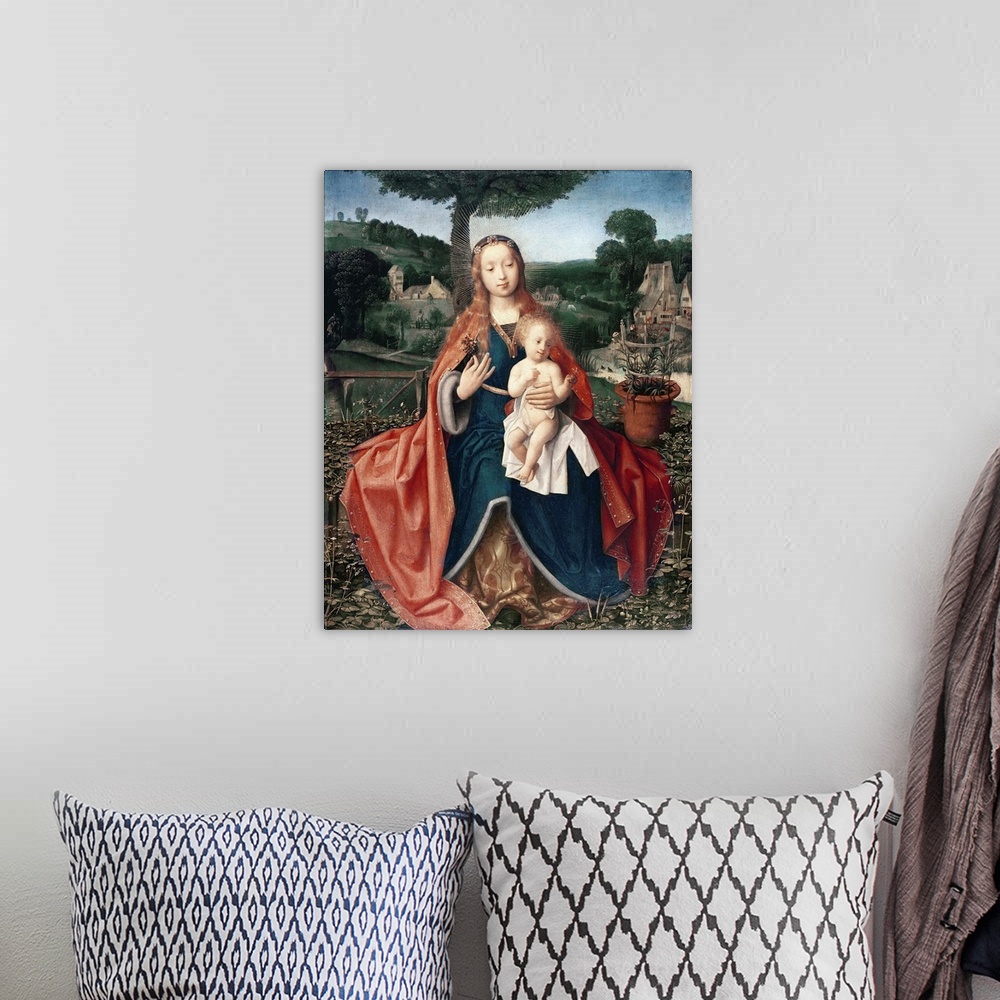 A bohemian room featuring XCF285114 The Virgin and Child in a Landscape (oil on oak)  by Provoost, Jan (c.1465-1529); 60.2x...