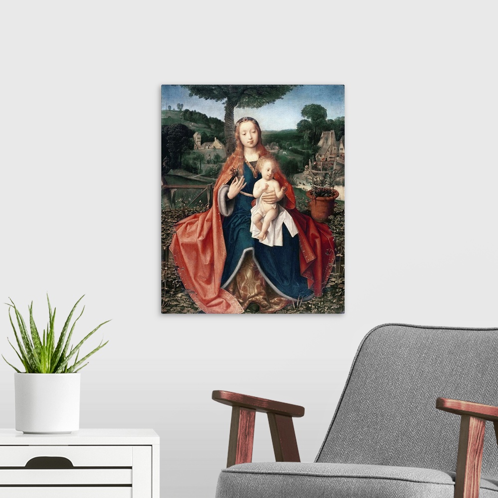 A modern room featuring XCF285114 The Virgin and Child in a Landscape (oil on oak)  by Provoost, Jan (c.1465-1529); 60.2x...