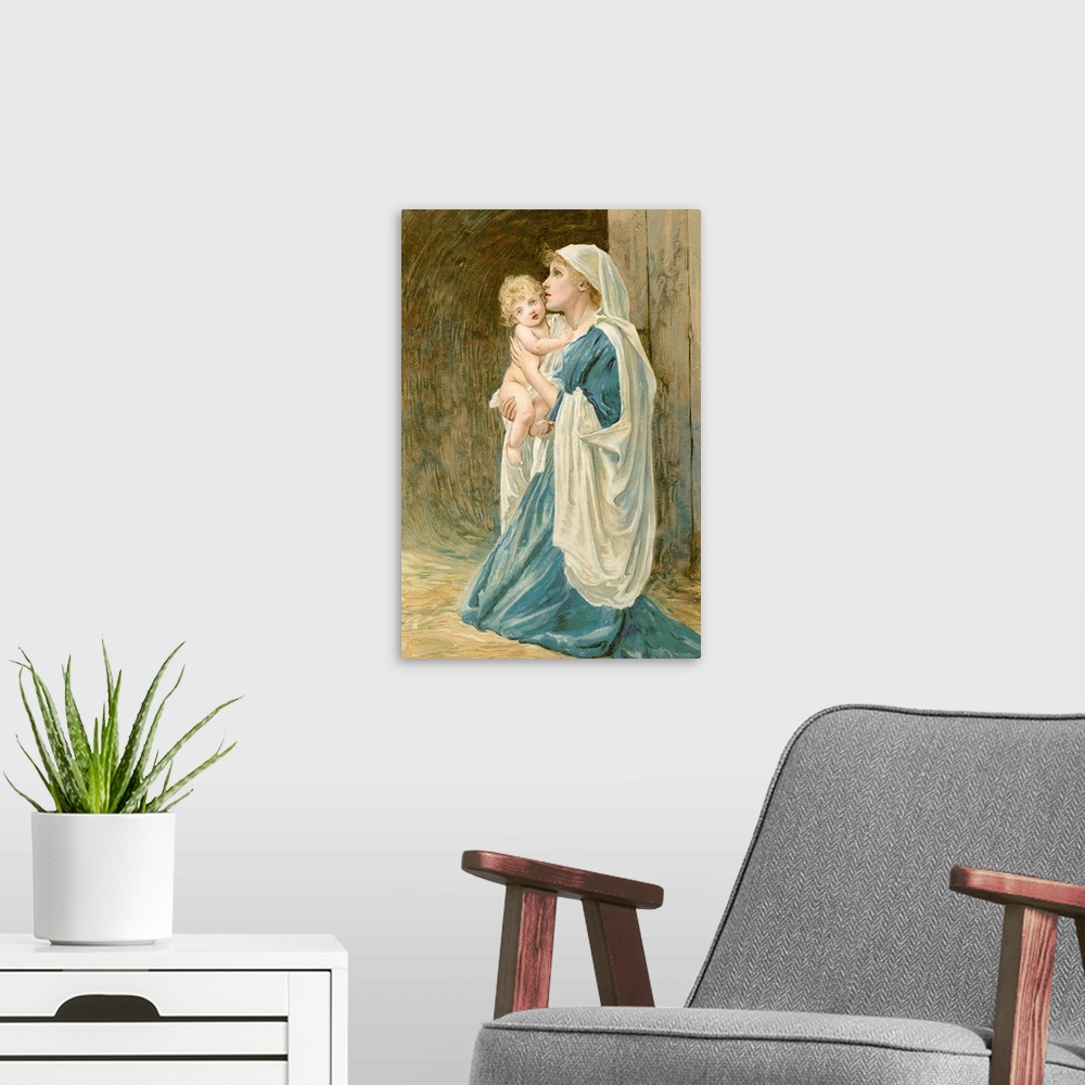 A modern room featuring The Virgin Mary with Jesus