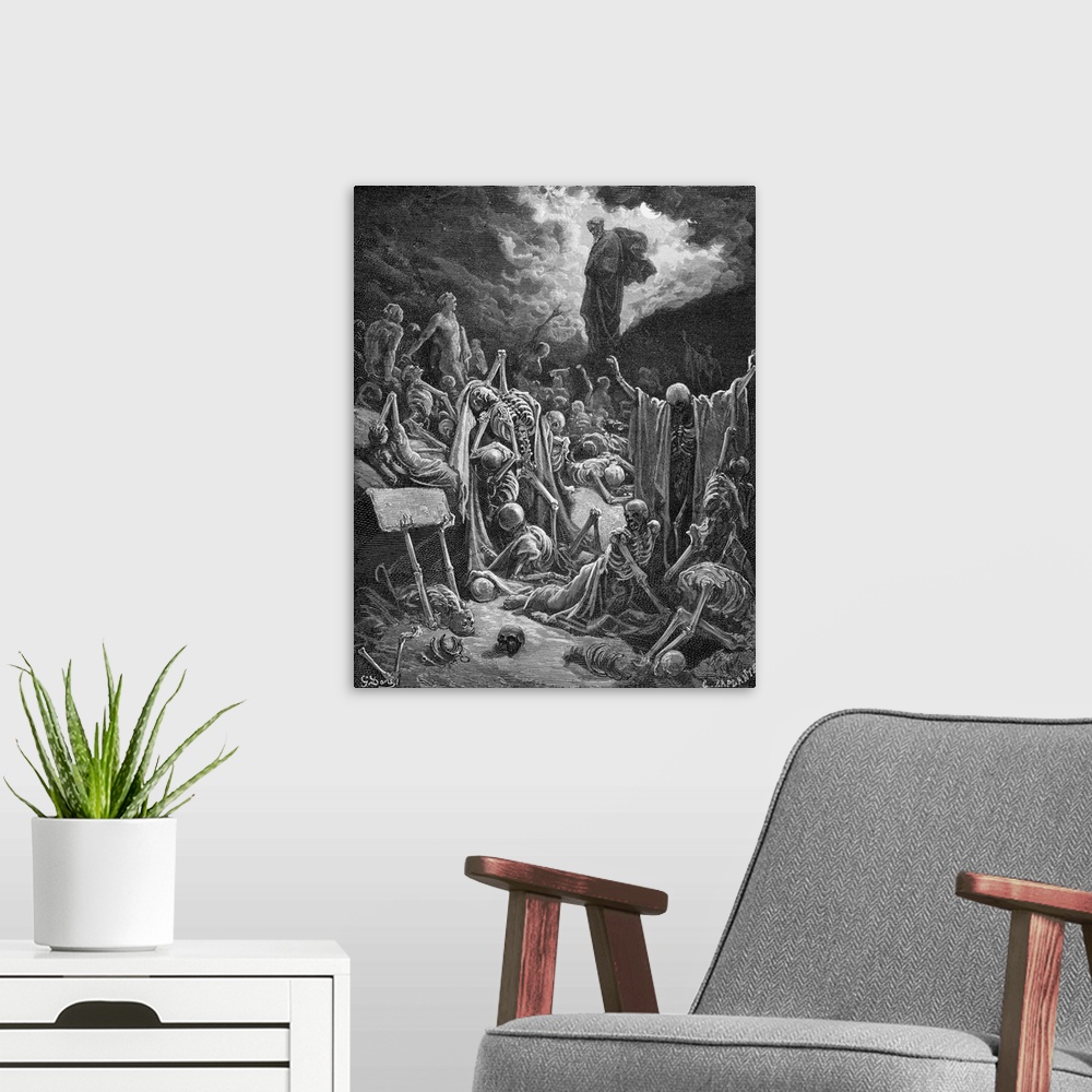 A modern room featuring The Vision of the Valley of Dry Bones, Ezekiel 37:1-2, illustration