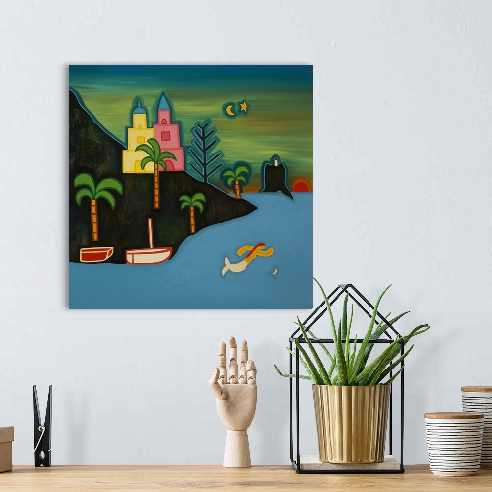 A bohemian room featuring Contemporary painting of a mermaid swimming near a tropical shoreline.