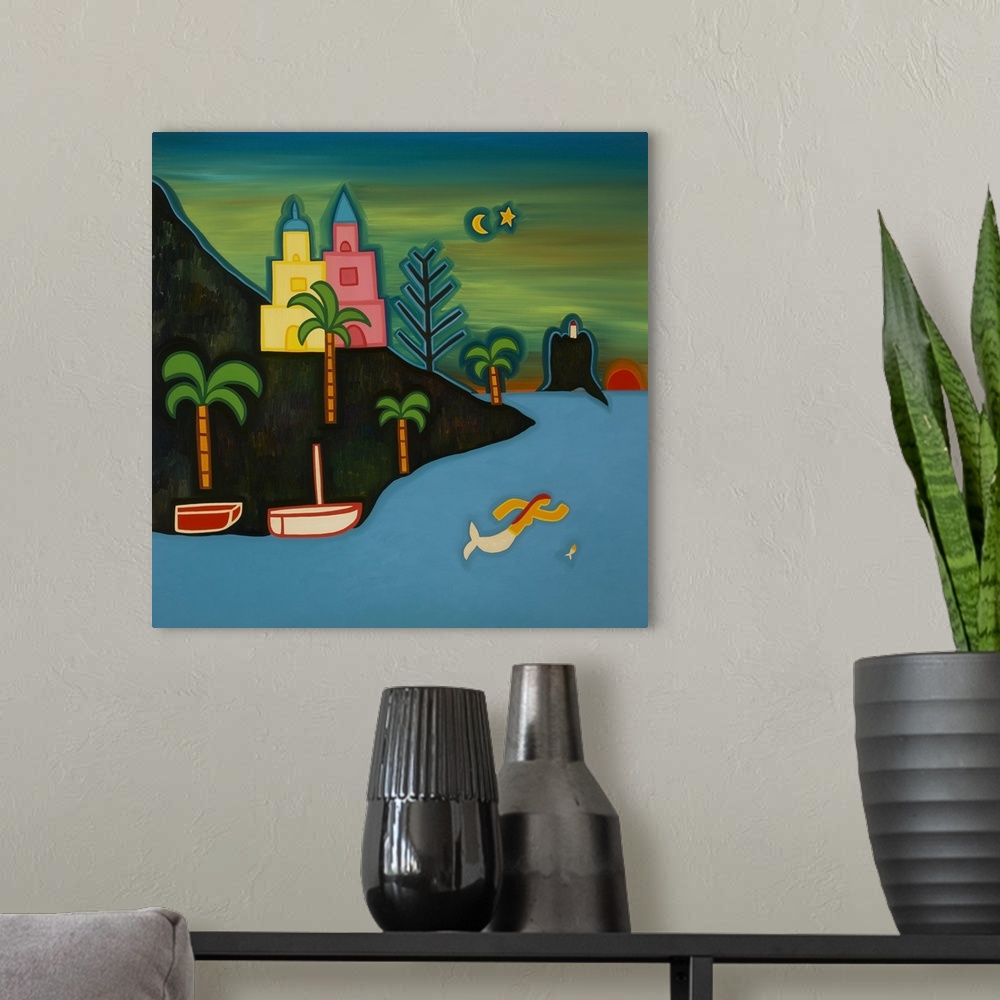 A modern room featuring Contemporary painting of a mermaid swimming near a tropical shoreline.