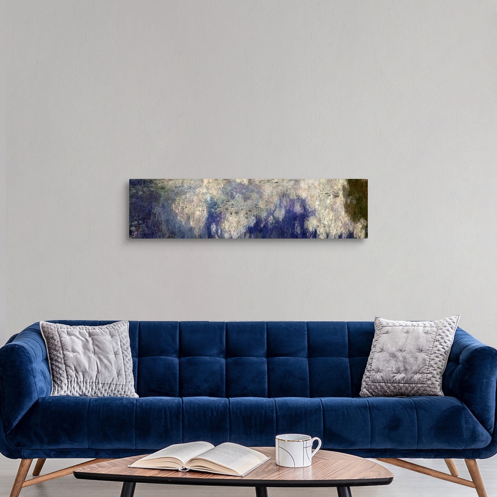 A modern room featuring Long panoramic of a classical impressionist painting of clouds and trees reflecting  from the wat...