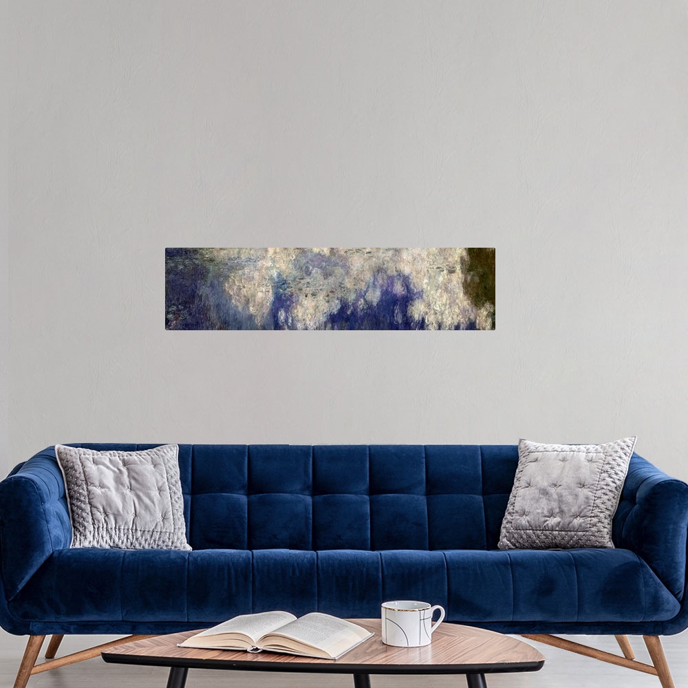 A modern room featuring Long panoramic of a classical impressionist painting of clouds and trees reflecting  from the wat...