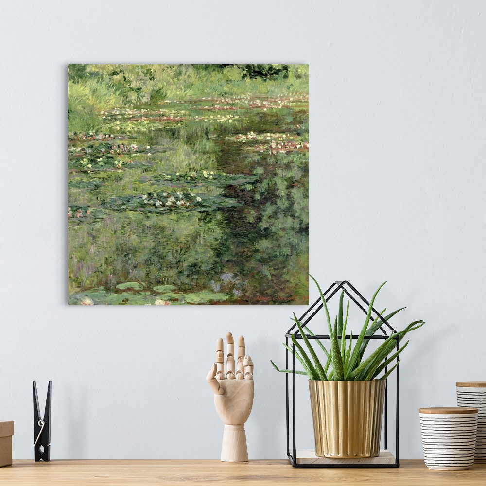 A bohemian room featuring Painting of watter lillies and other growth near a pond.