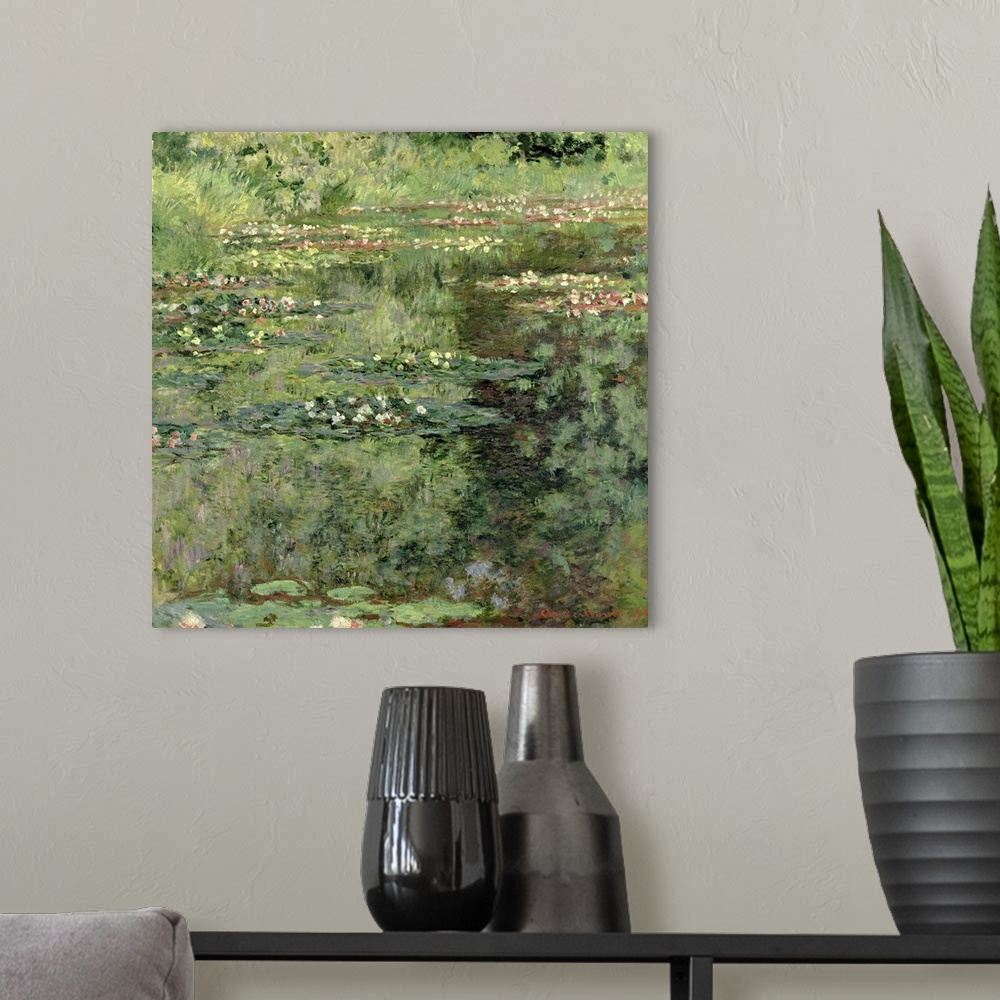 A modern room featuring Painting of watter lillies and other growth near a pond.