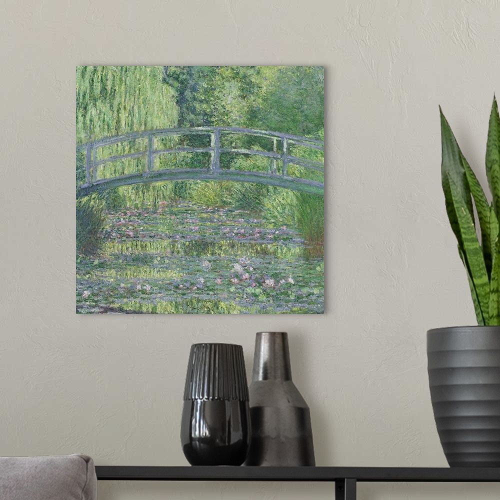 A modern room featuring Square shaped artwork of a detail of an Impressionist painting from Giverny showing an arched bri...