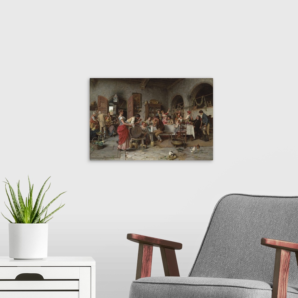 A modern room featuring The Wedding Party (oil on canvas)