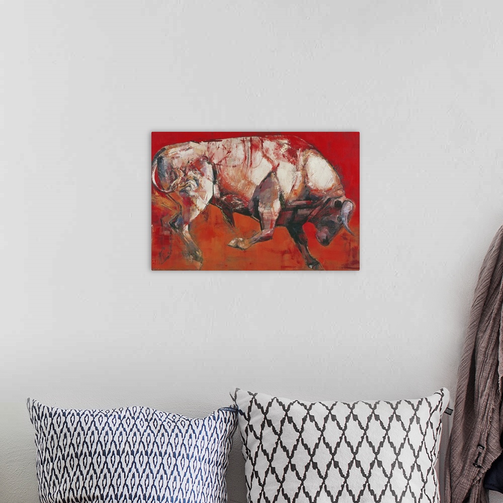 A bohemian room featuring Contemporary painting of a large white bull.