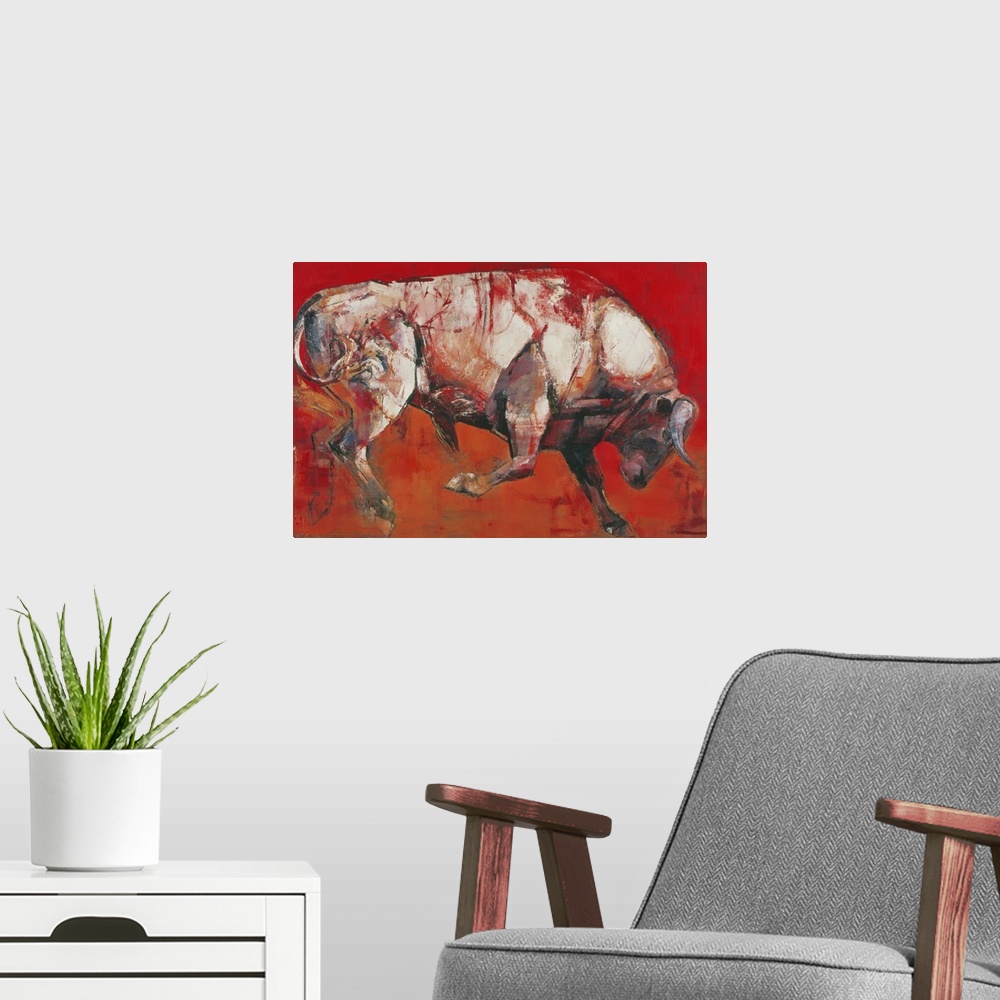 A modern room featuring Contemporary painting of a large white bull.