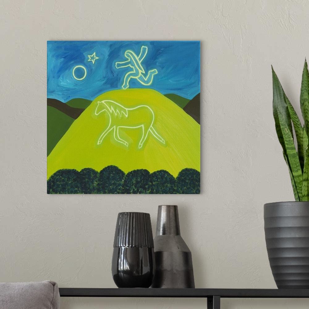 A modern room featuring Contemporary painting of a large figure of a horse on a hill.