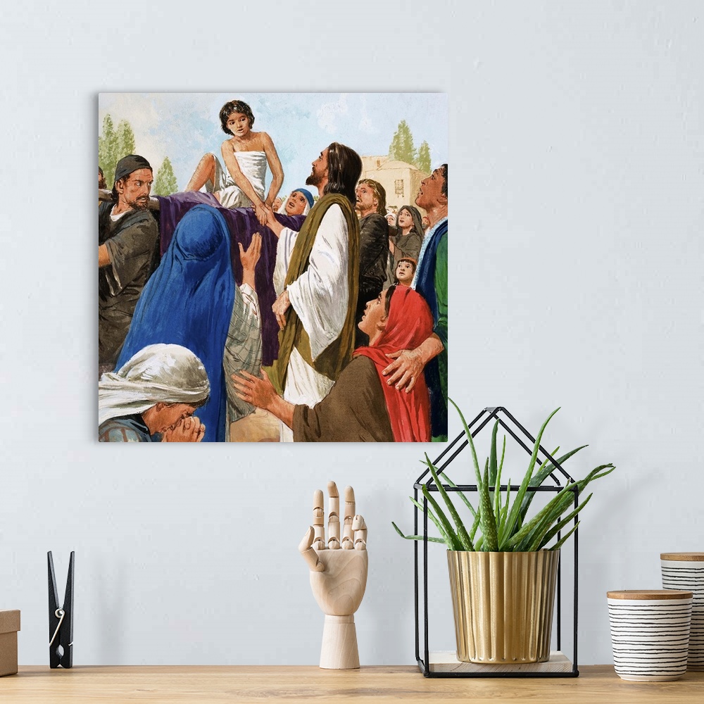 A bohemian room featuring The Miracles of Jesus: The Widow's Son from St Luke's Gospel in The Bible. original artwork for i...