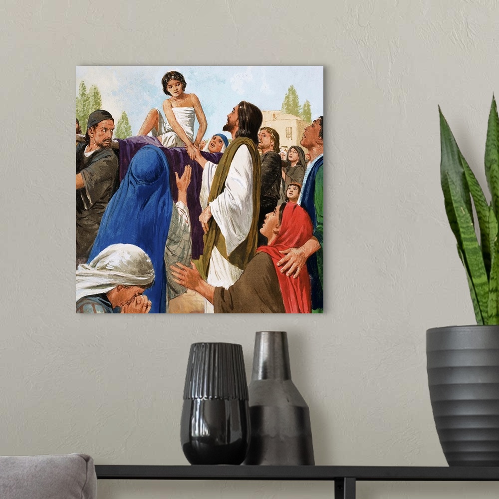 A modern room featuring The Miracles of Jesus: The Widow's Son from St Luke's Gospel in The Bible. original artwork for i...