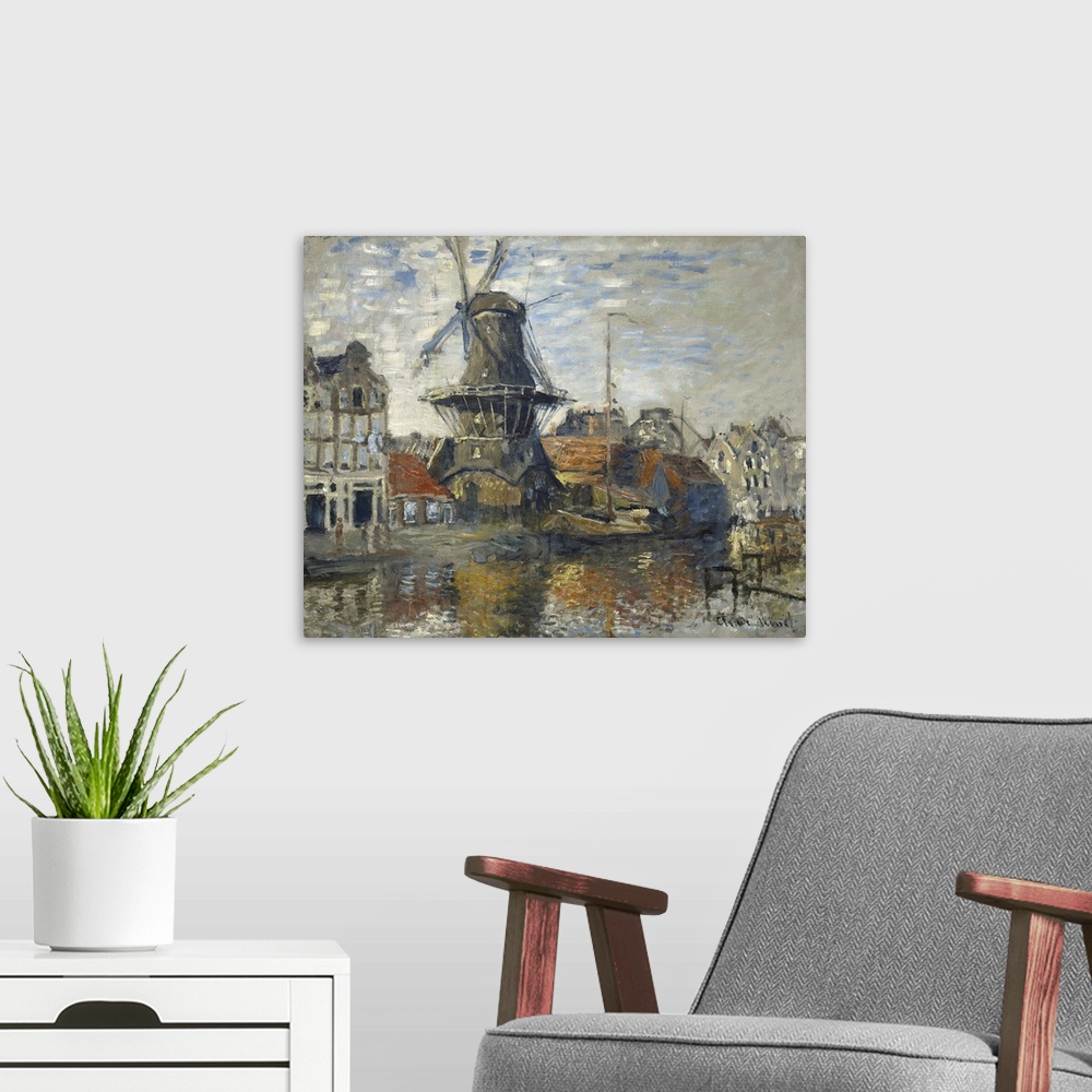 A modern room featuring The Windmill, Amsterdam, 1871 (Originally oil on canvas)