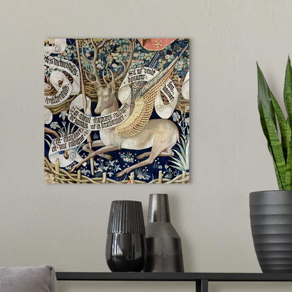 A modern room featuring The Winged Deer (tapestry) (detail of 95771)