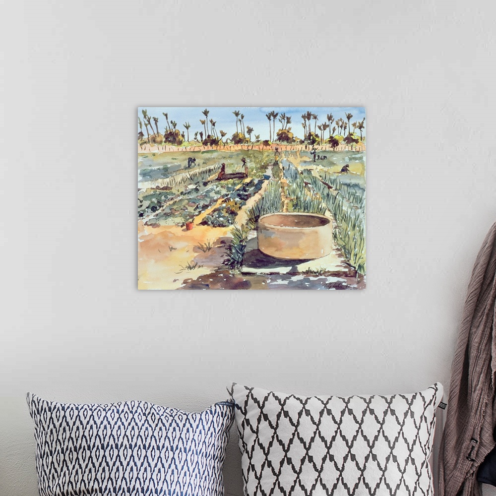 A bohemian room featuring Contemporary painting of a field of crops in Senegal.