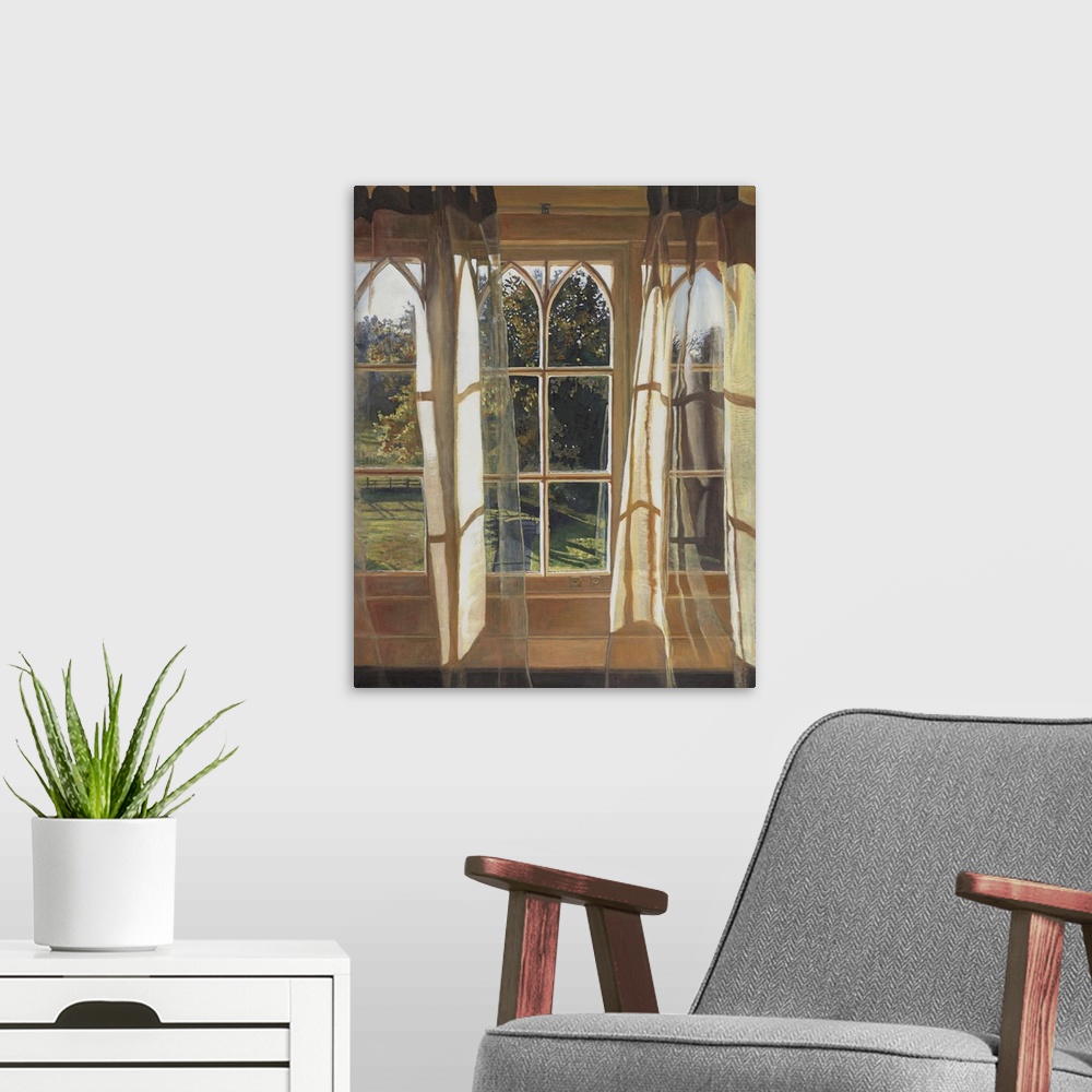 A modern room featuring Contemporary painting looking out the windows from inside a house.