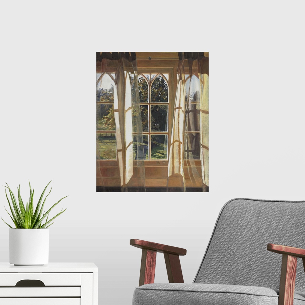 A modern room featuring Contemporary painting looking out the windows from inside a house.