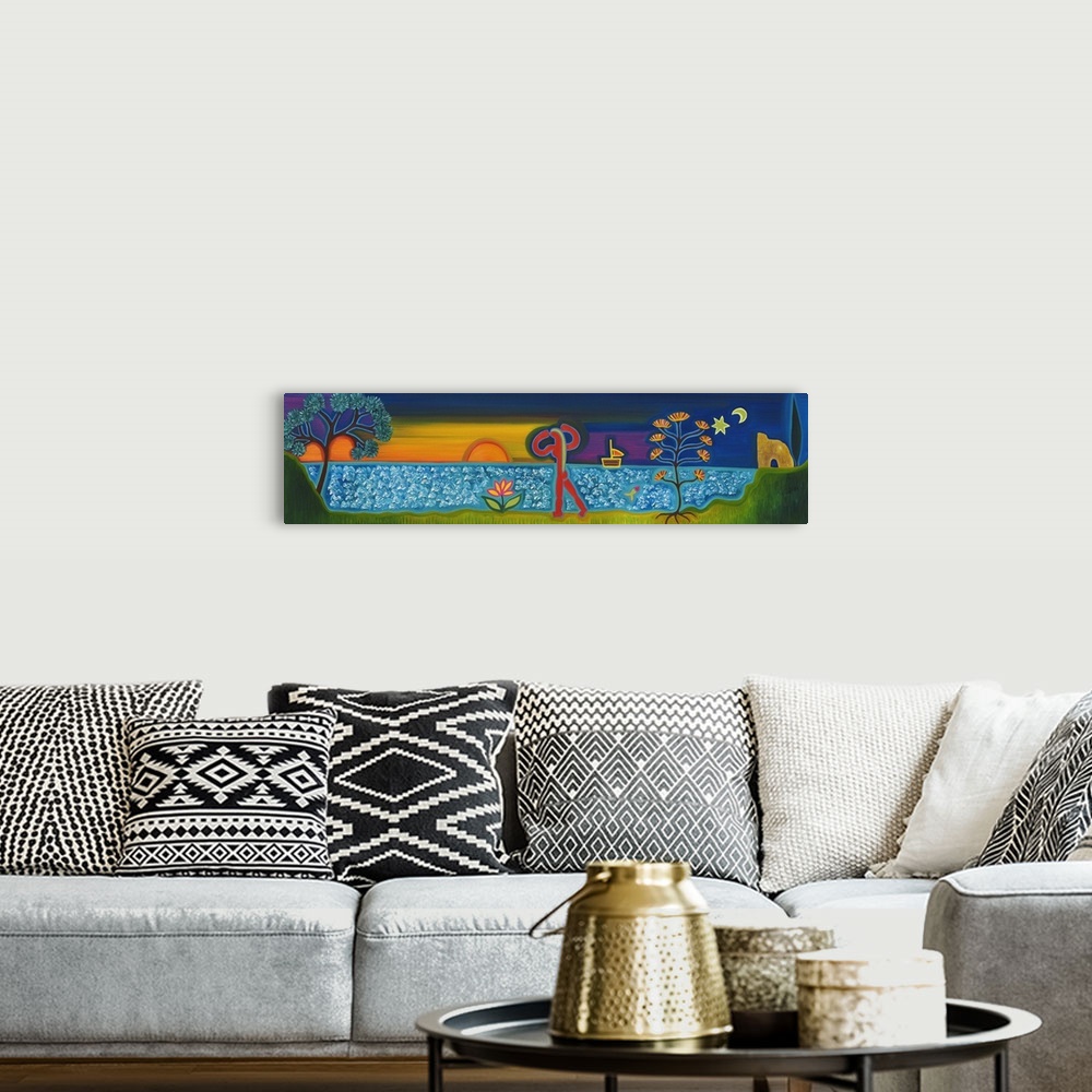 A bohemian room featuring Contemporary painting of a person walking along the ocean at sunset.