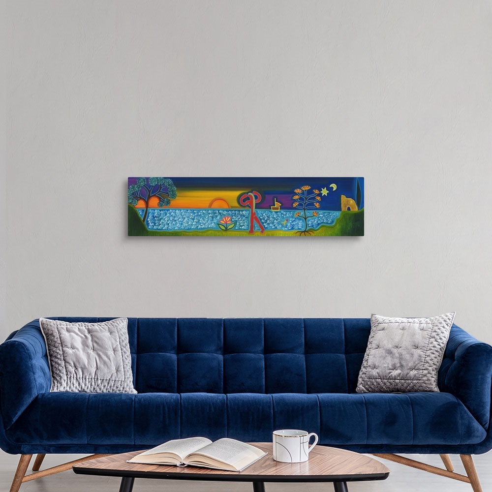 A modern room featuring Contemporary painting of a person walking along the ocean at sunset.