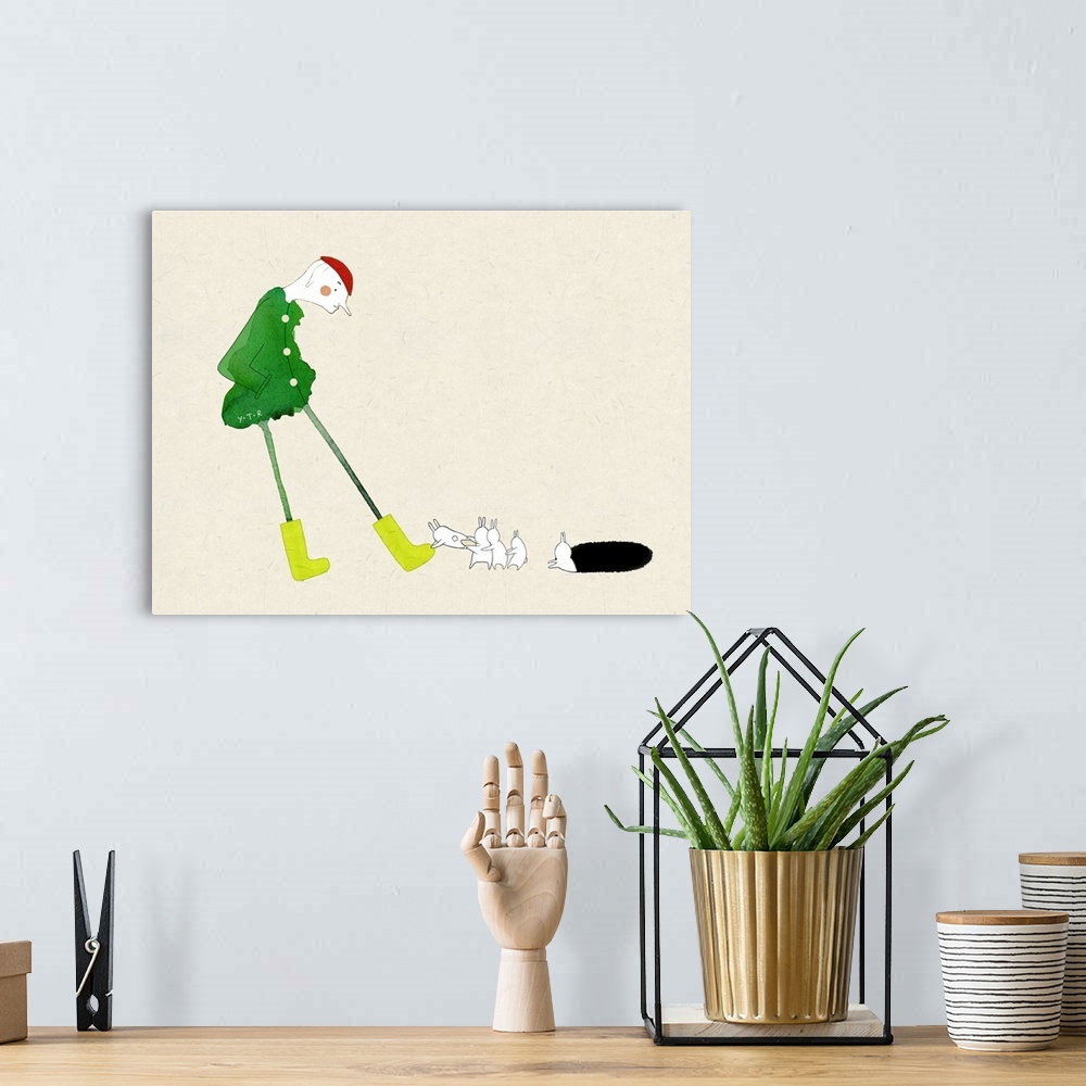 A bohemian room featuring Contemporary artwork of a long legged figure wearing green.