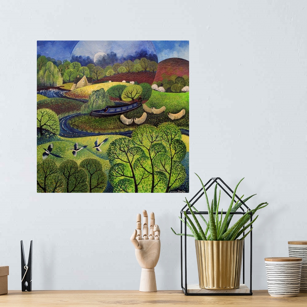 A bohemian room featuring Contemporary painting of three magpies flying over a lush countryside.