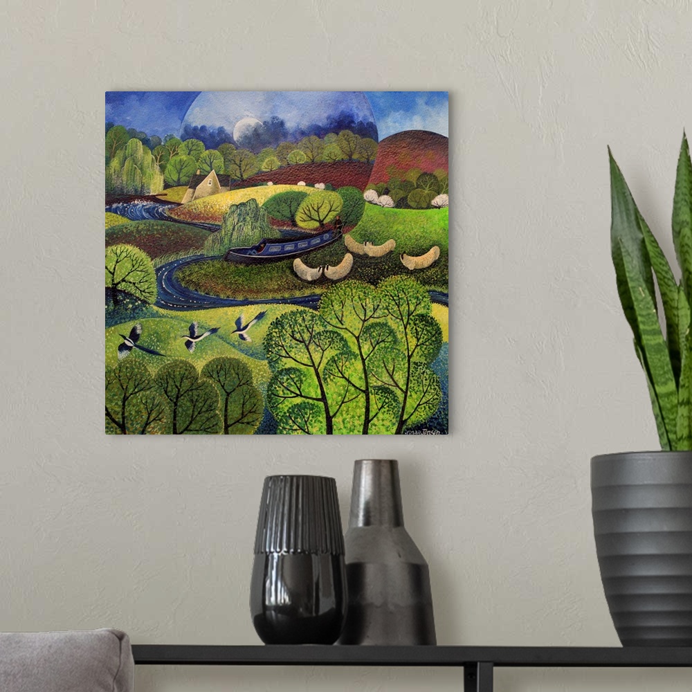 A modern room featuring Contemporary painting of three magpies flying over a lush countryside.