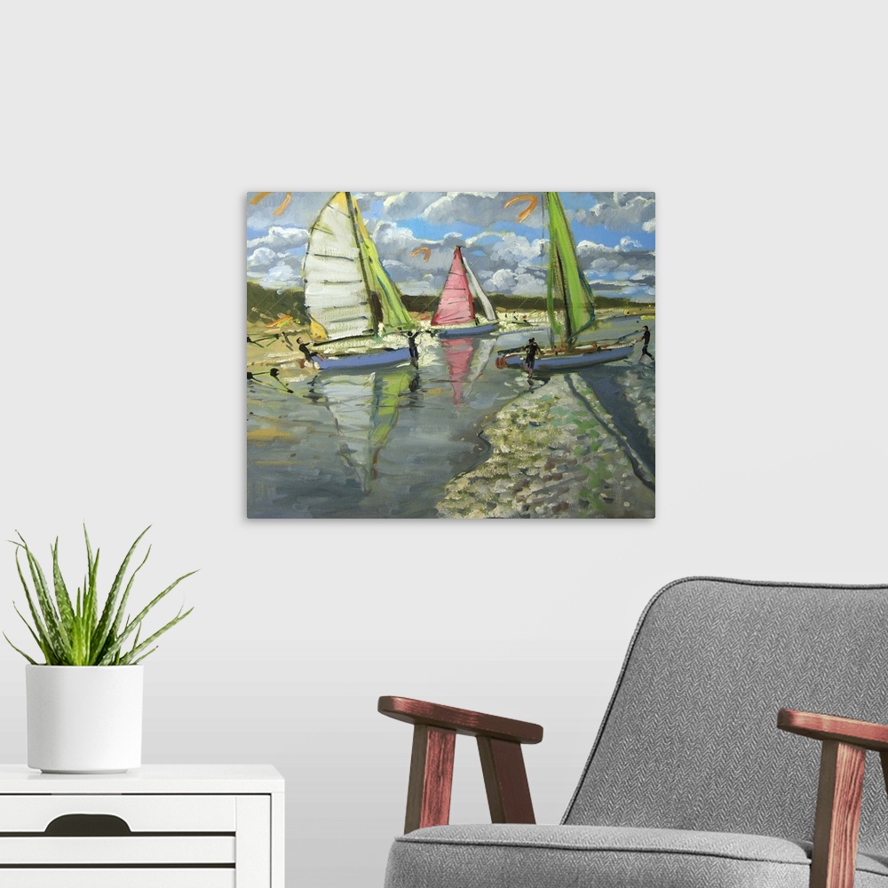 A modern room featuring Landscape painting on a large wall hanging of several sailboats headed toward the shore beneath a...