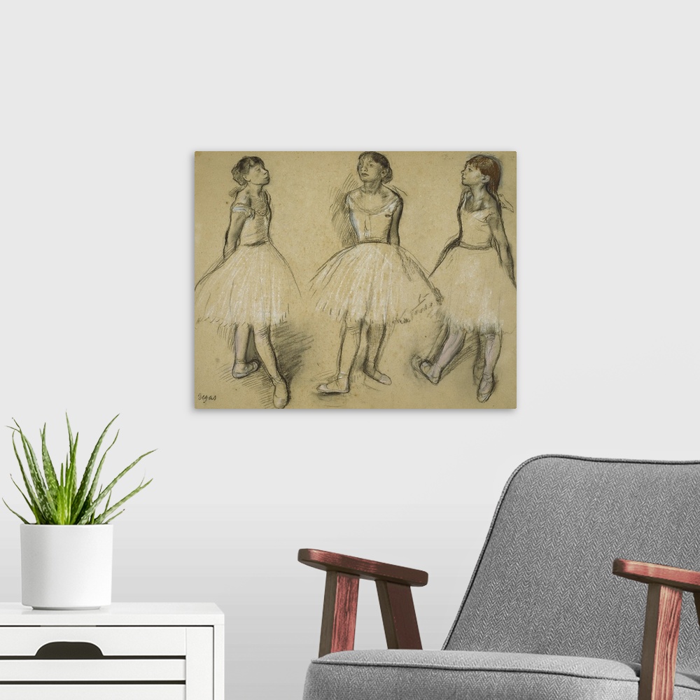 A modern room featuring Three Studies of a Dancer in Fourth Position, 1879-80, charcoal and pastel with stumping, and tou...