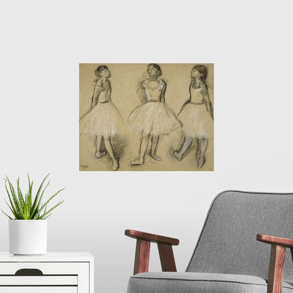 A modern room featuring Three Studies of a Dancer in Fourth Position, 1879-80, charcoal and pastel with stumping, and tou...