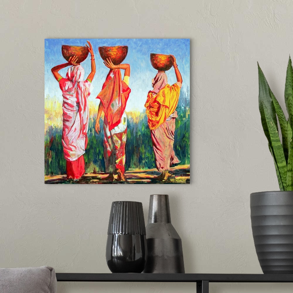 A modern room featuring Oil painting on canvas of three women carrying bowls on their heads walking towards a tall field.