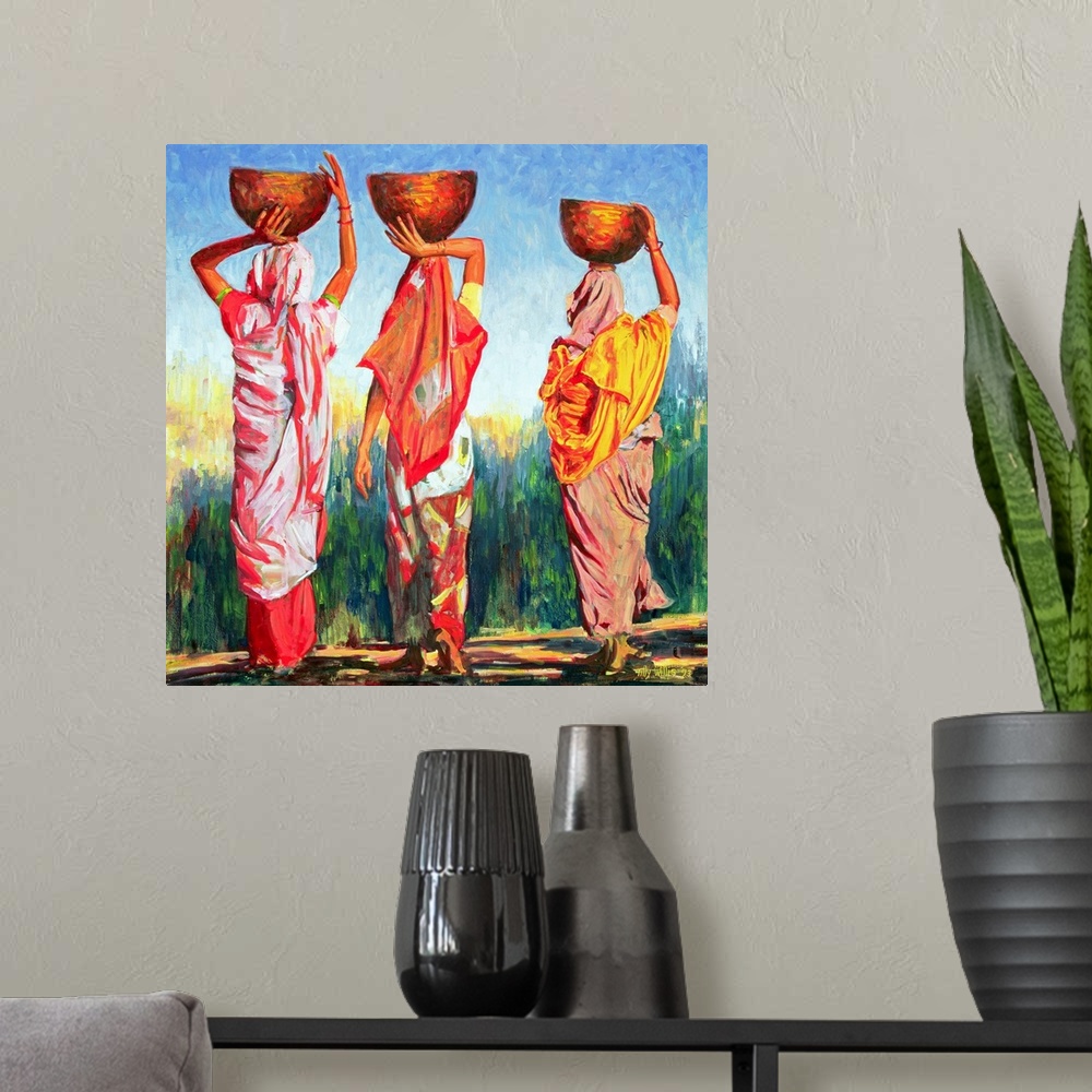A modern room featuring Oil painting on canvas of three women carrying bowls on their heads walking towards a tall field.