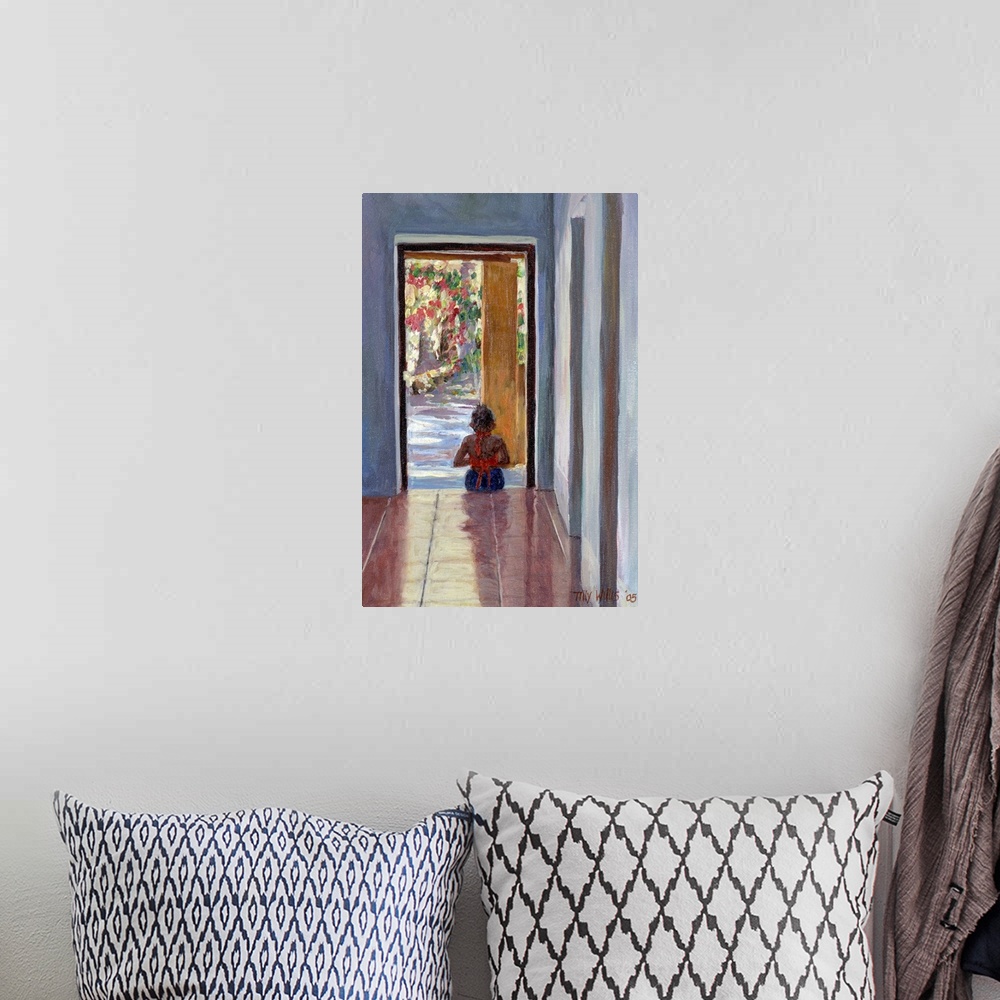 A bohemian room featuring Contemporary artwork that shows a little girl sitting on a tile floor in a doorway with a garden ...