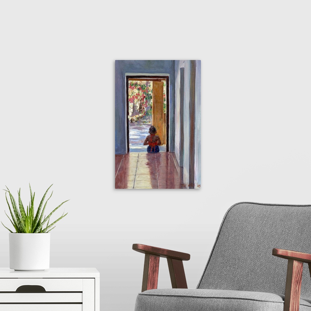 A modern room featuring Contemporary artwork that shows a little girl sitting on a tile floor in a doorway with a garden ...