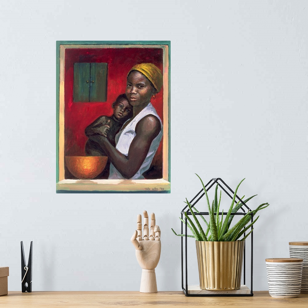 A bohemian room featuring Contemporary painting of a dark-skinned woman holding her young son with a bowl and a cupboard, s...