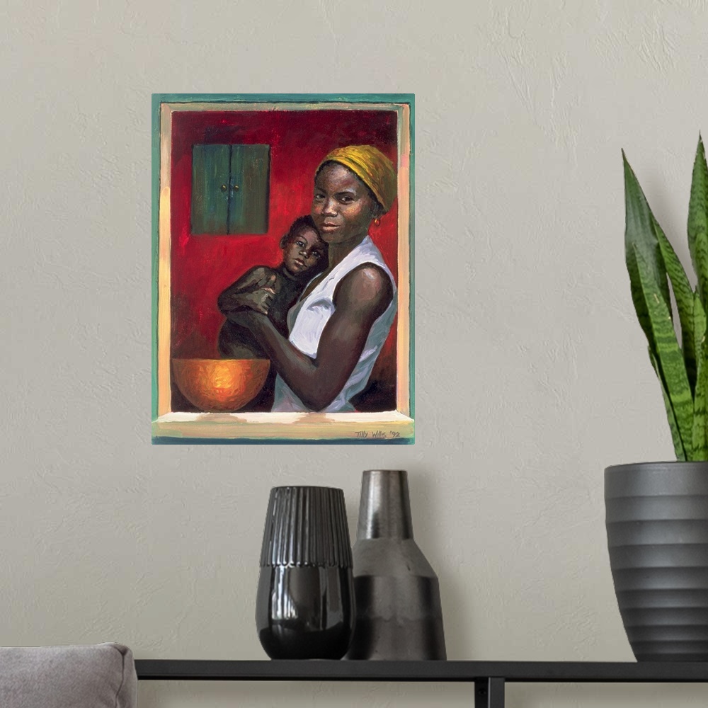 A modern room featuring Contemporary painting of a dark-skinned woman holding her young son with a bowl and a cupboard, s...