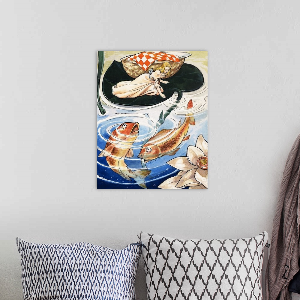 A bohemian room featuring Thumbelisa on a lily pad with fish below
