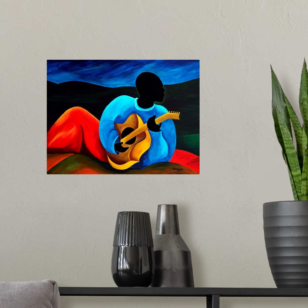 A modern room featuring Contemporary portrait of a Haitian man playing a stringed instrument.