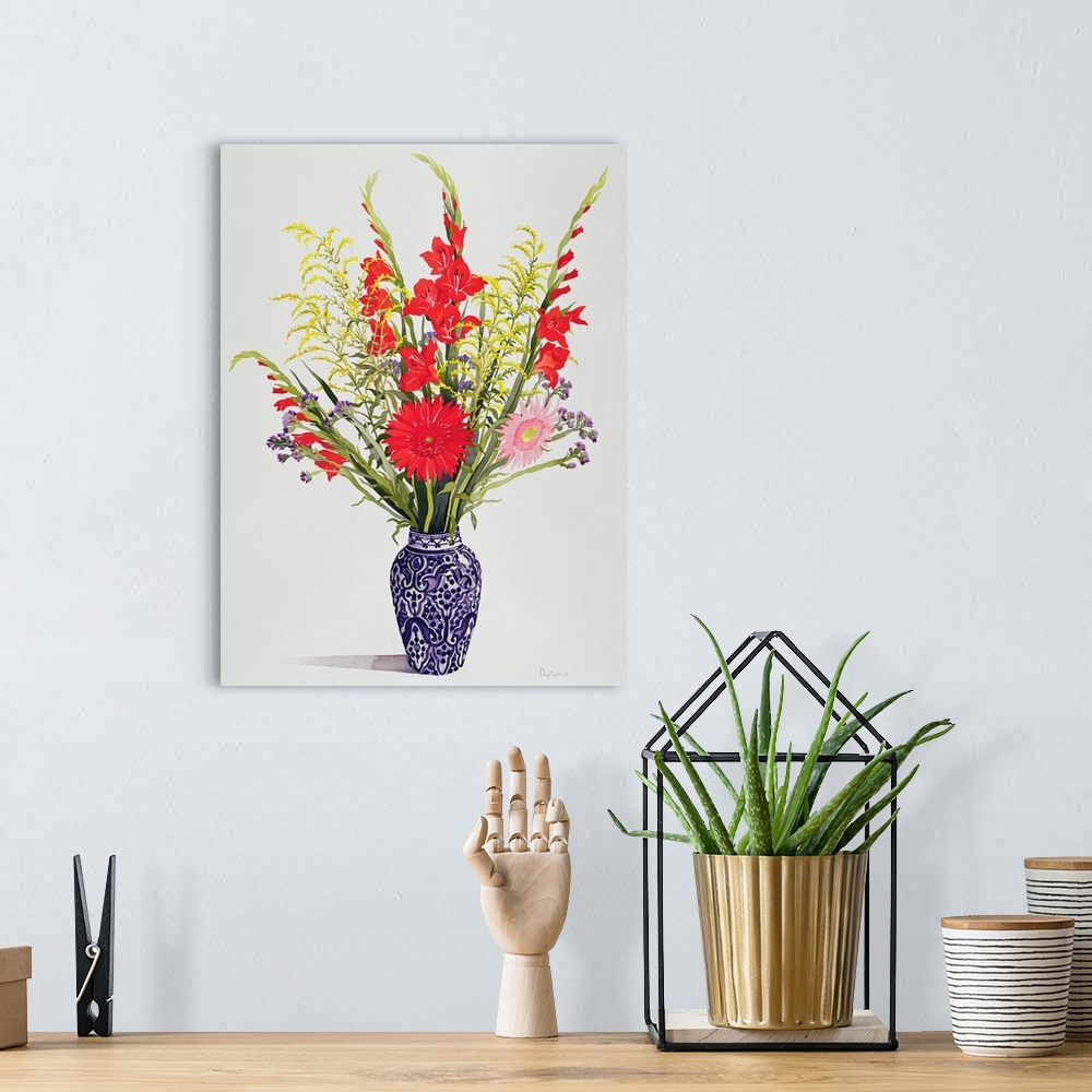 A bohemian room featuring Tiger Lilies, Gladioli, and Scabious in a Blue Moroccan Vase
